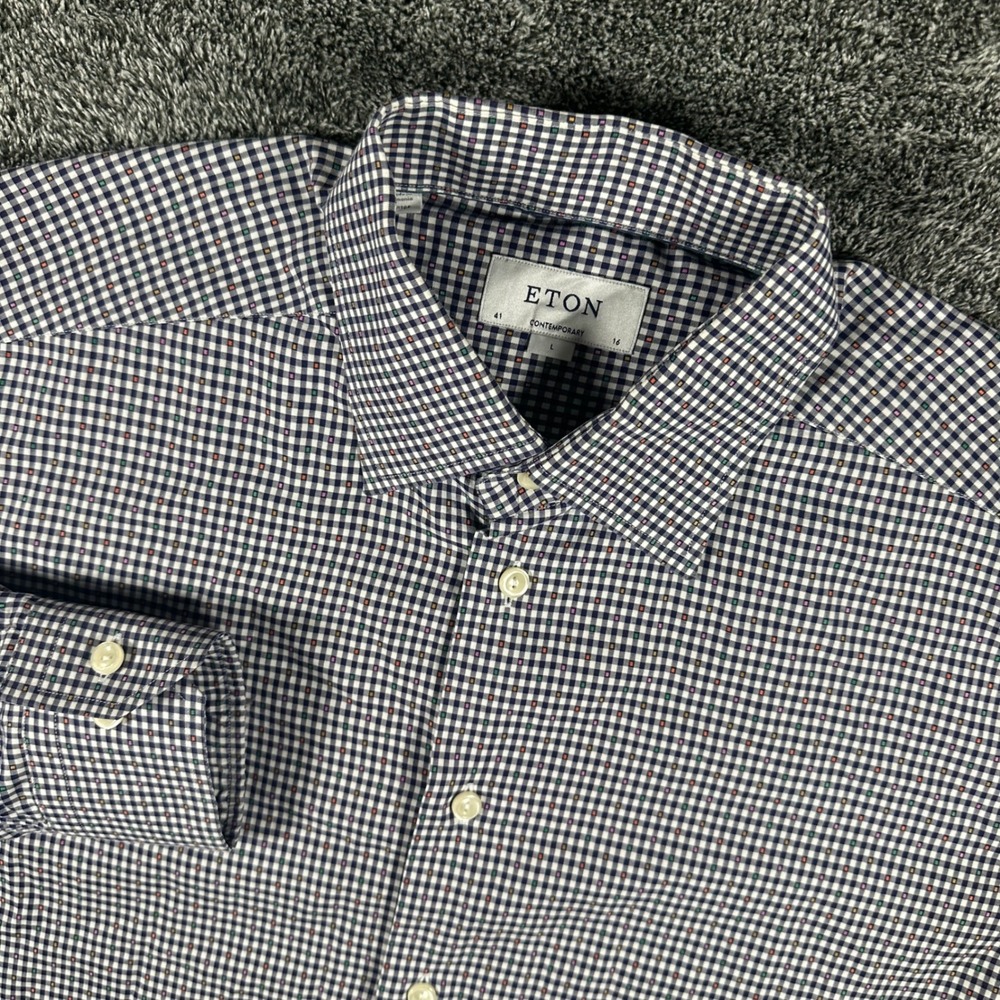 Eton Shirt Mens L Contemporary Fit Navy White Micro Check Geometric Button Down